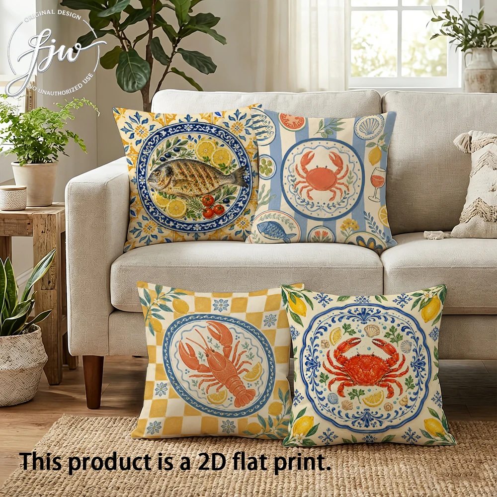 4pcs Coastal Mediterranean Seafood Throw Pillow Covers Lemon Crab Lobster Fish Farmhouse Cushion Cases for Home Decor