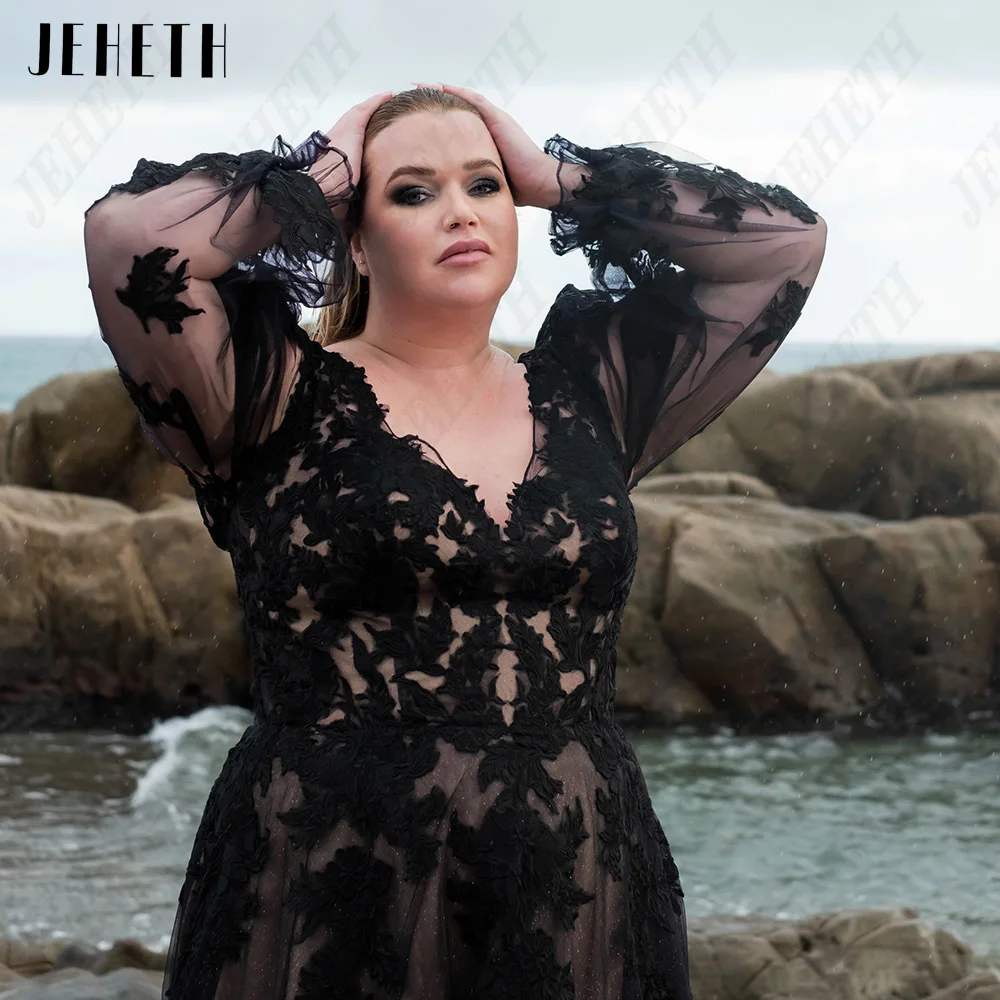 JEHETH Modern Wedding Dresses Preto Plus Size Puff mangas compridas Lace UpJEHETH Vestidos de casamento modernos Preto Plus Size Puff Mangas compridas Lace Up Vestidos de noiva A Linha Applique V-Neck vestidos de noiva