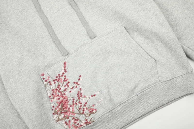 Pflaumenblüten-Stickerei Amerikanischer Streetwear-Hoodie für Männer, Oversized Pullover-Sweatshirt, Locker Sitzend, Urban Wear, Lässige Kapuzenpullover – Detail 10