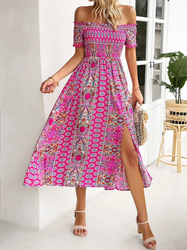 Boho Lange Jurk Vrouwen Zomer Print Korte Mouw Vakantiejurken Dames Sexy Off Shoulder Strandjurk Dames Bandage Vestidos