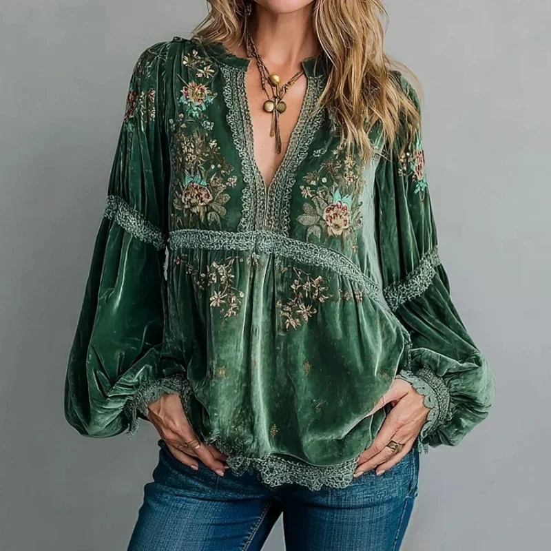 

Autumn Spring Women's Blouse Velvet Floral Pattern Lace Trim Lantern Sleeve Shirt Blouse Casual Chic Bohemian Blouse Tops 2025