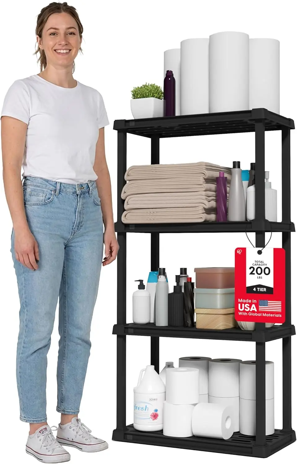

Four Tier Light Duty Plastic Storage Shelving Unit 200lb Capacity 48x24x12 Medium Organizer for Bathroom Laundry Garage Black