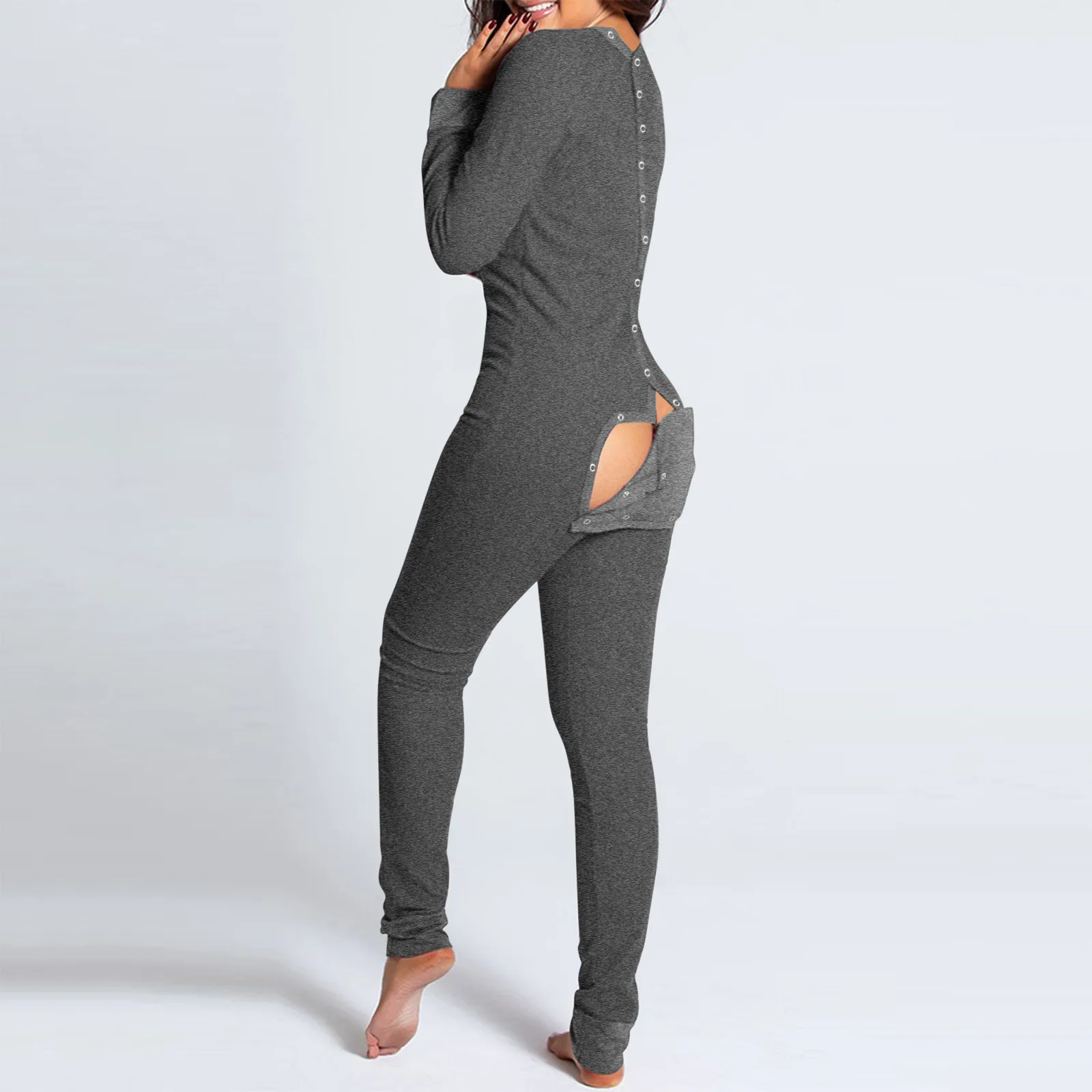 Sexy Pyjama Women\'s Jumpsuit Suit Button-down Front Back Butt Bum open Ass Flap Jumpsuit Loungewear Solid Buttoned NEW