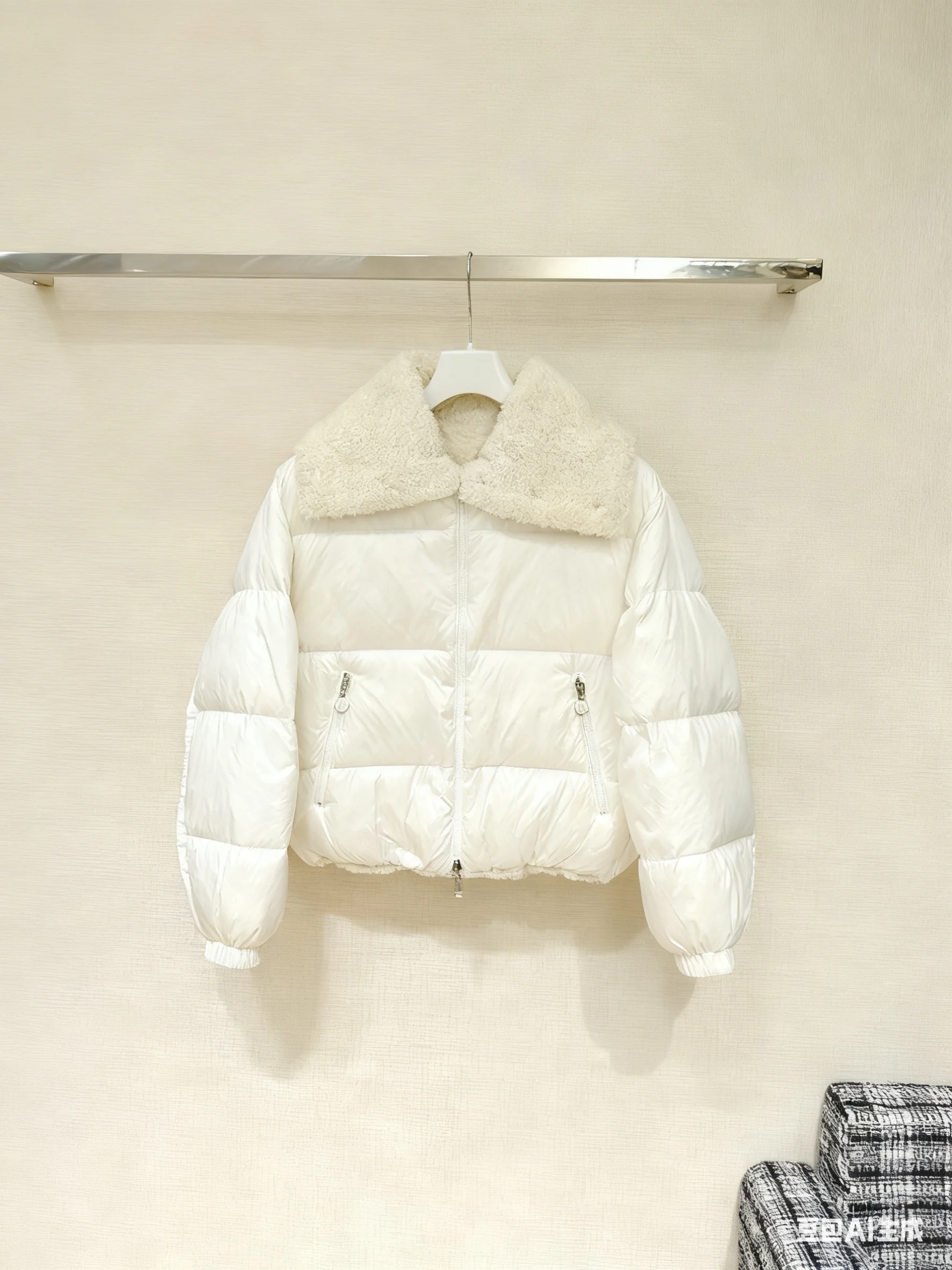 

2025 Winter New Women's White Shearling Collar Puffer Jacket Shiny Fabric Short Warm Coat Casual Zipper Outerwear