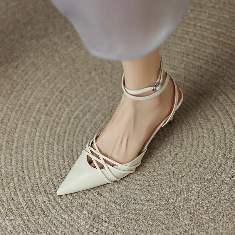 Krazing Pot Full Grain Leather Pointed Toe Stiletto Street Wear High Heels Ankle Straps Summer Hollow Out Wedding Beauty Pumps