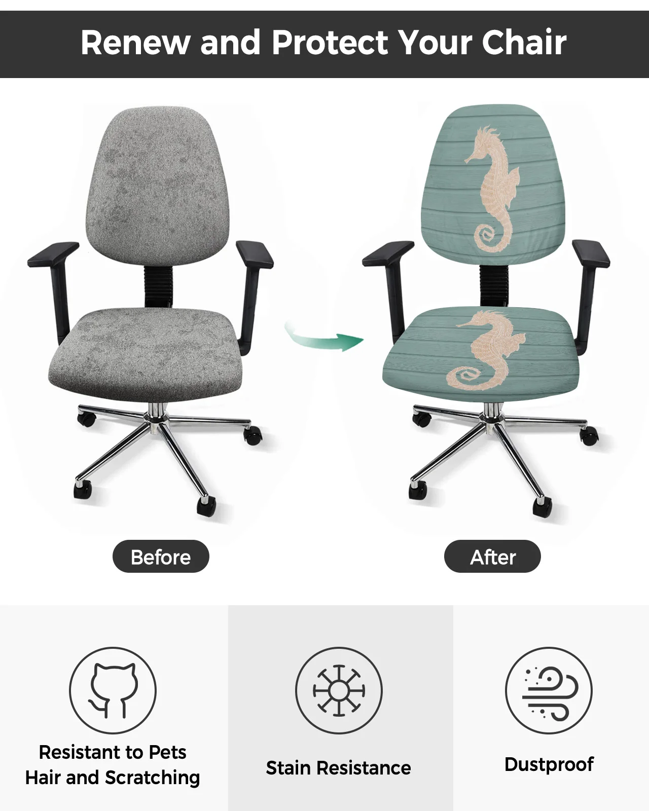 Seahorse Cyan Wooden Texture Elastic Armchair Computer Chair Cover Stretch Removable Office Chair Slipcover Split Seat Covers