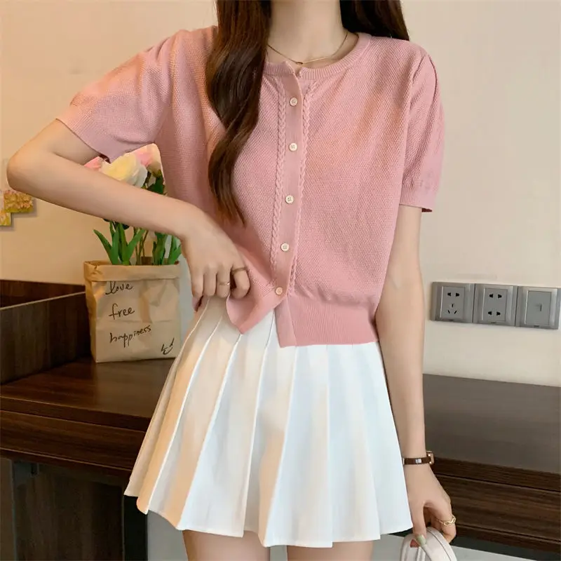 Women Short Sleeve Cardigan Slim Skinny O-neck Tee Shirt Female Sexy Tops Single Breasted All-match Knitted Vintage Crop Tops