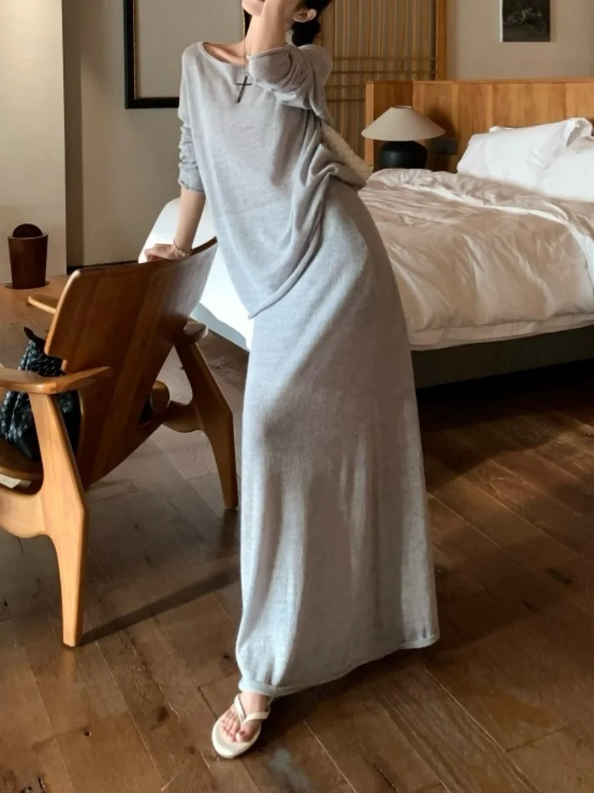 Alien Kitty 캐주얼 게으른 스타일 투피스 정장 여성 느슨한 부드러운 OL 봄 2025 니트 오프 숄더 스웨터 맥시 스커트