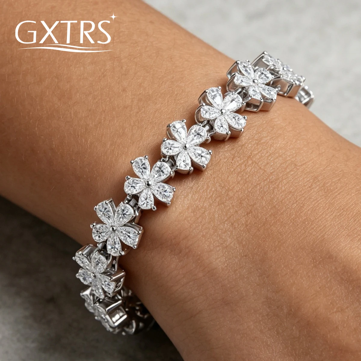 GXTRS Luxury Full Moissanite Flower Bracelets For Women S925 Silver Pear Cut Lab Diamond Hand Chains Wedding Fine Jewelry Gifts