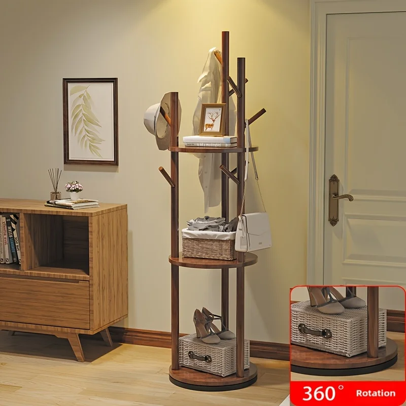 

360° Rotating Hardwood Coat Rack - Freestanding Floor-Standing Clothes Organizer with Hooks, Baskets & Shelves