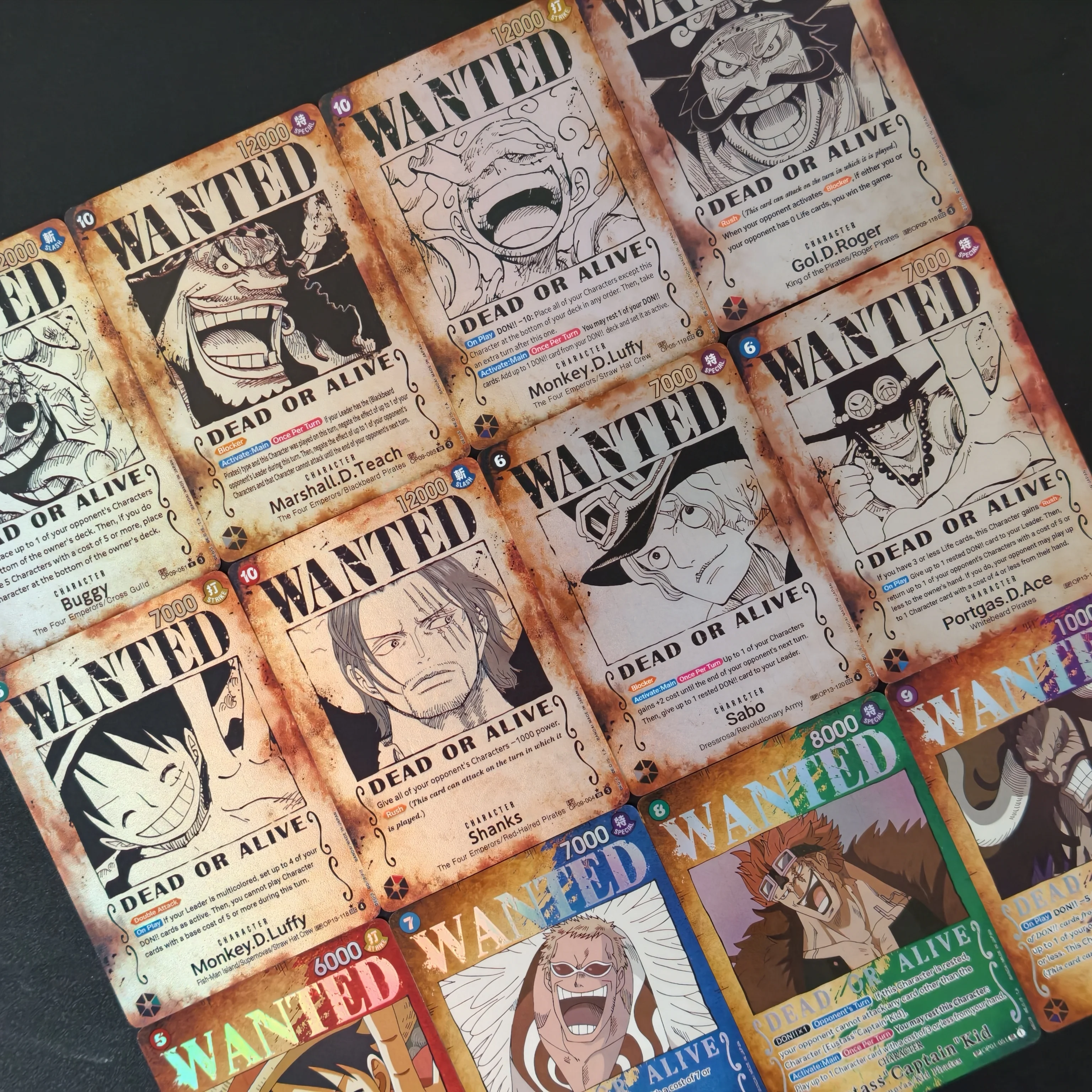 12Pcs Hot One Piece WANTED Collectible Card TCG Luffy Ace Sabo Shanks Roger Kaido Kid Teach Buggy DIY Holo TCG Anime Game Cards