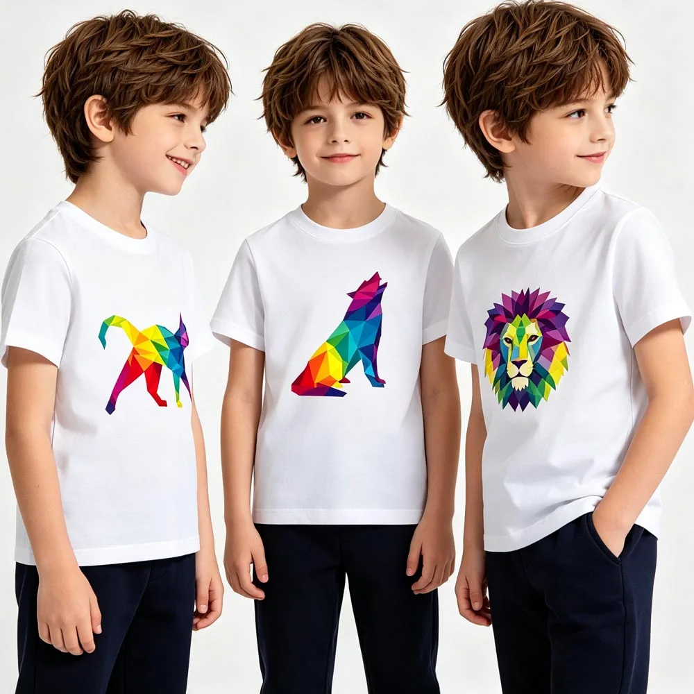 

100% Cotton White T Shirt Graphic Tee Shirts for Boys Clothes Toddler Teenager Baby Lion Wolf Tshirt 1 to 2 5 7 8 10 12 14 Years