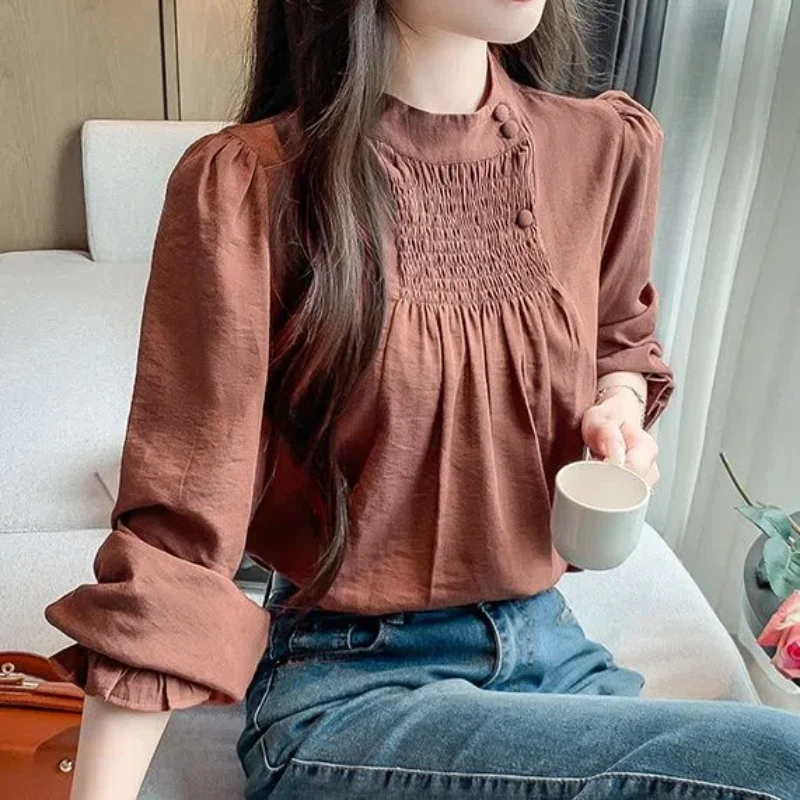 Standing Collar Pleated Long Sleeved Blouse Women Autumn Clothing Button Pullovers 2024 Autumn New Item Elegant All-match Tops