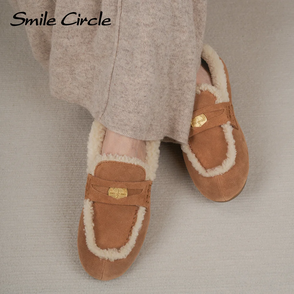 Smile Circle Women Shose Suede Leather Warm Wool Loafers Winter Round-toe Casual Flat Shoes