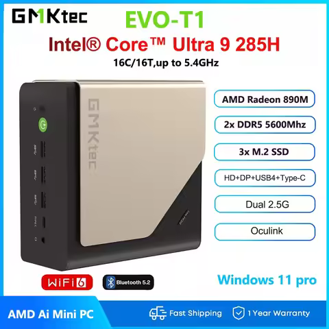 GMKtec EVO-T1 AI Mini PC Intel Core Ultra 9 285H 2x DDR5 5600Mhz Pcie 3.0 Wifi6 BT5.2 Windows 11 Pro Desktop PC Gamer
