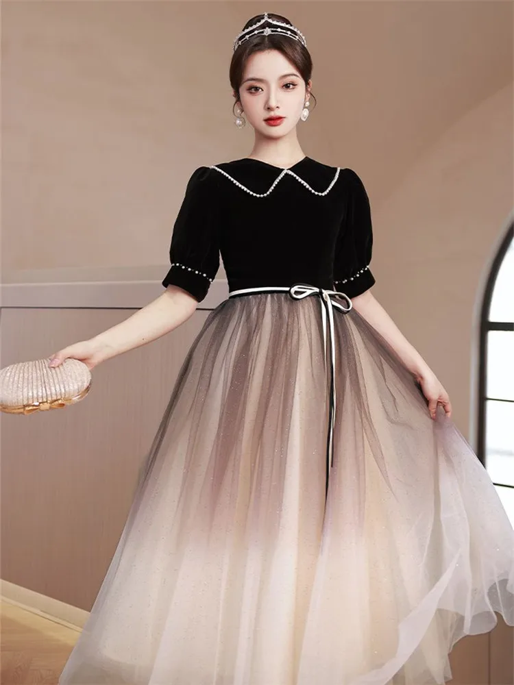 Black Dress Women Spring Summer Patchwork Beaded Lace-up Lapel Five-point Sleeve Long A-line Skirt Elegant Female Clothing M171