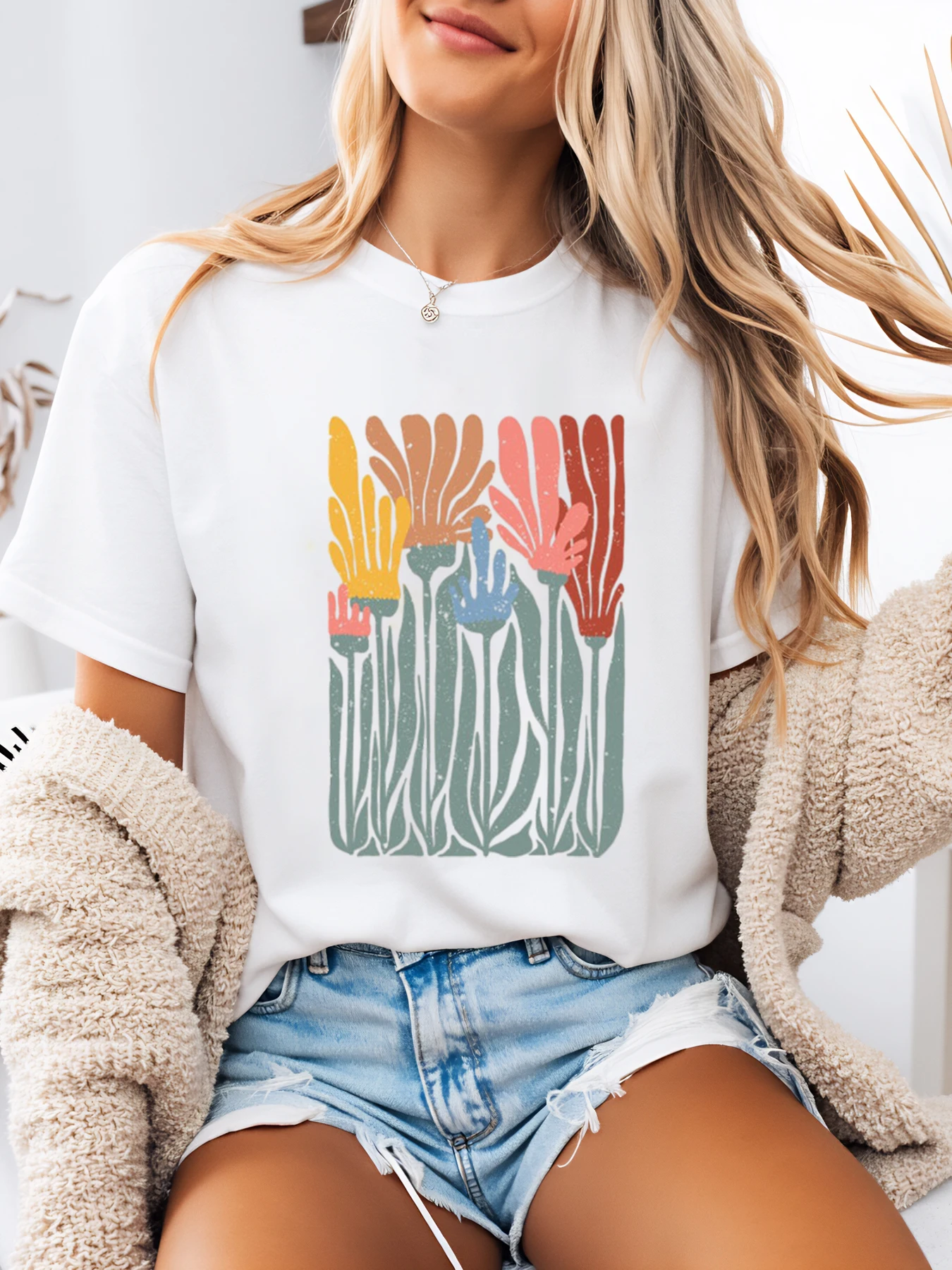 

Floral Print T-Shirt Spring Summer Women Casual Outfit White Plus-Size