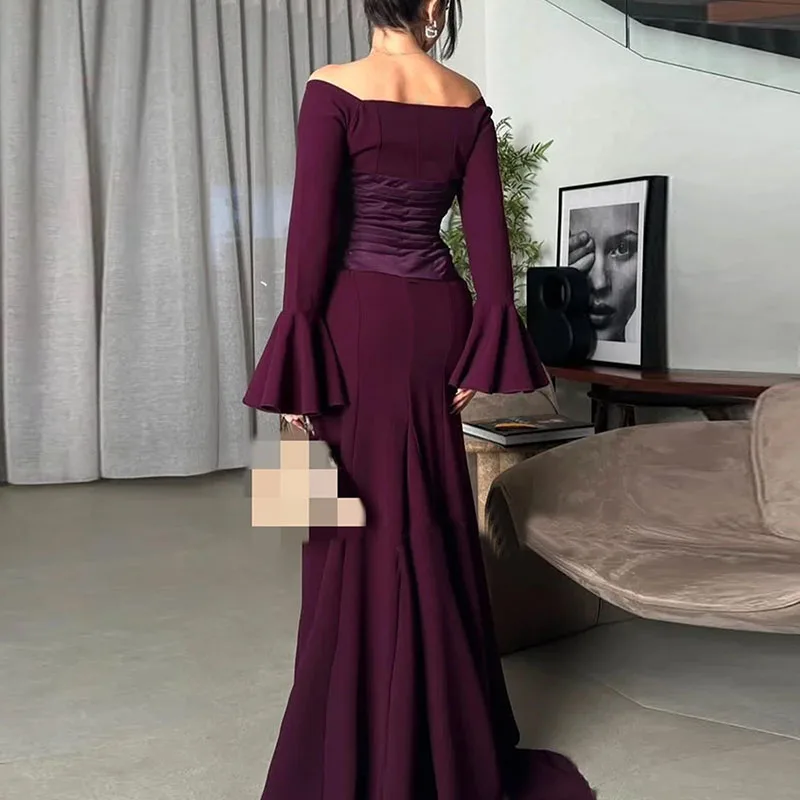 عارضة المرقعة سليم الصلبة مساء اللباس سيدة أنيقة قبالة الكتف عالية الخصر اللباس الخريف متوهج كم مزاجه فستان طويل