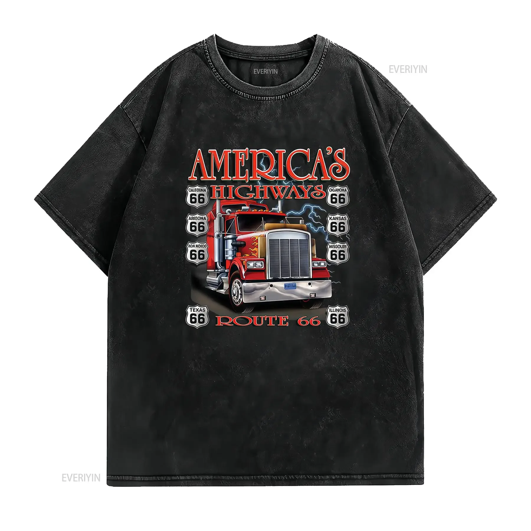 Vintage Retro Route 66 America's Highway Semi Truck Print Cool Casual T Shirt vintage Washed Stretched Comfortable Soft