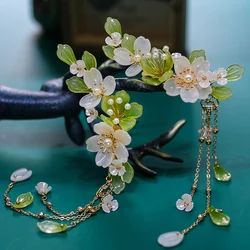 Chinese Hair Clips Girls Hanfu Hair Accessories Green Flower Hairpin Tassel Pearl Headpiece Ancient Party Barrette Head Jewelry