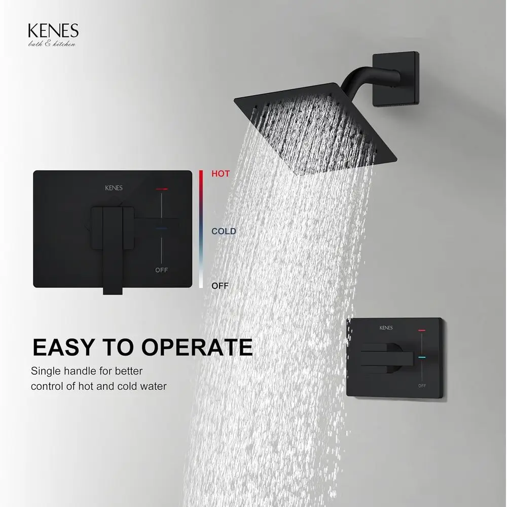 6 Square Rainfall Shower System with Matte Black Faucet and Handle, Wall-Mounted, KE-6025B-2 (Valve Included)