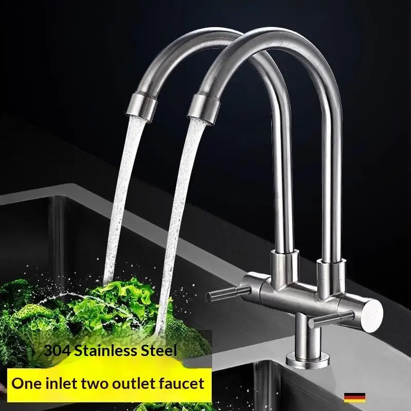 Stainless Steel Double Head Sink Tap 2-in-1 Multifunction Pillar Mounted Tap Convenient 360° Rotate Flexible Faucet
