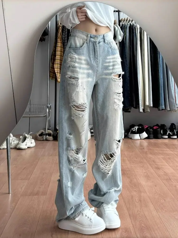 بنطلون جينز ممزق من American High Street Sle للرجال والنساء صيفي جديد فضفاض وواسع الساق للتخسيس طويل القامة بألوان فاتحة للأولاد... #1