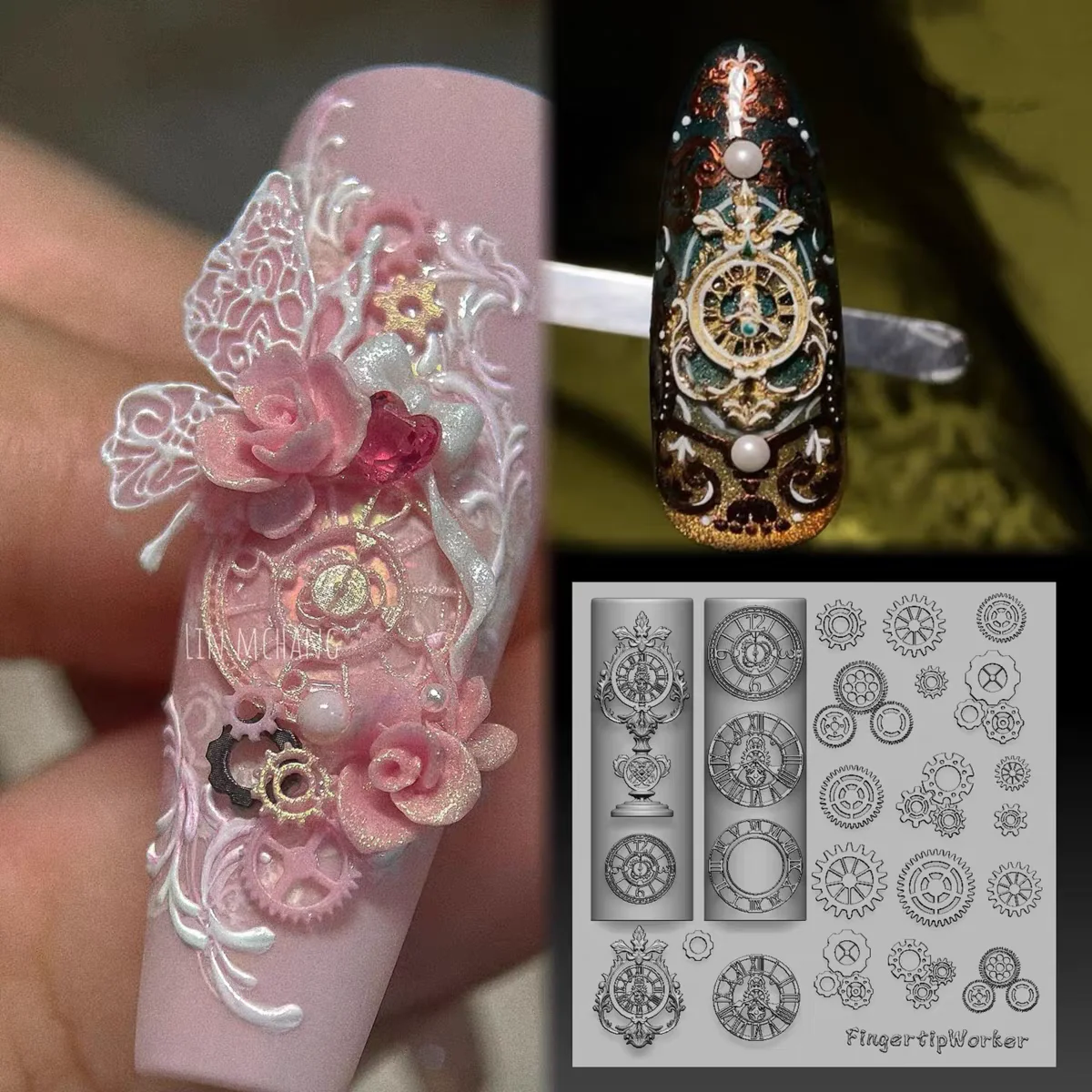 1Pc Silk Lace Rose Baroque  Spoon Fork Clock Gear  3D Acrylic Mold Nail Art Decorations  DIY Silicone Nail Templates Nail Mold