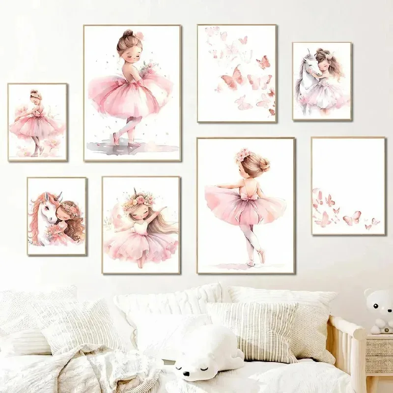 Custom Name Pink Wall Art Canvas Paintings Ballerina Girl Unicorn Butterfly Kids Room Decor Nursery Poster Pictures Wall Decor