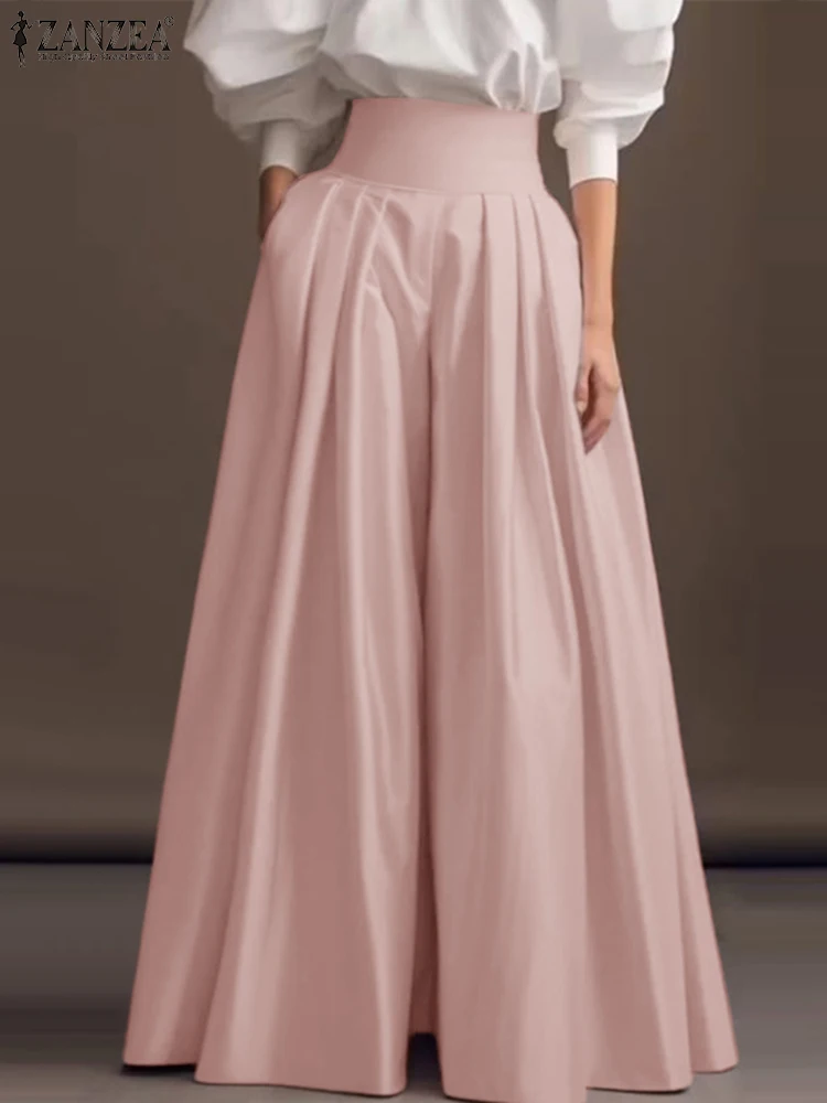 2025 ZANZEA Vintage High Waisted Office Pantalons Fashion Solid Pleating Pants Women Wide Leg Formal Trouser Casual Pockets Pant