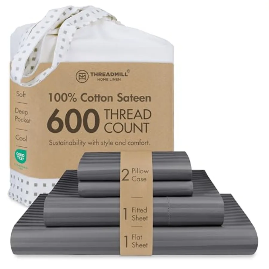 

100% Cotton Sheets for Size Bed - 600 Thread Count Bed Sheets Set with 16" Deep Pocket - Damask Stripe Sateen Weave 4-Piece Bed