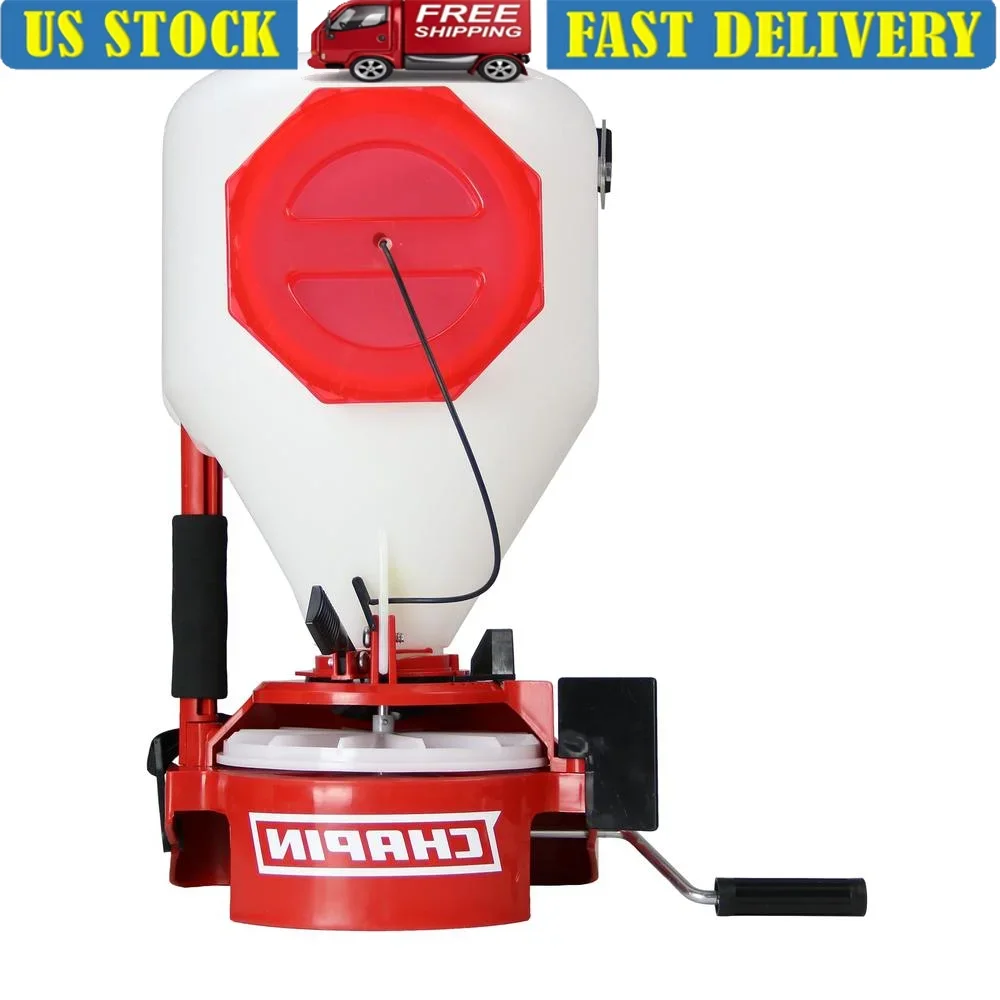 مفرشة حديقة مثبتة على الصدر بسعة 10 رطل، قادوس سهل التعبئة، حزام قابل للتعديل، تحكم في الانتشار، مقاوم للطقس