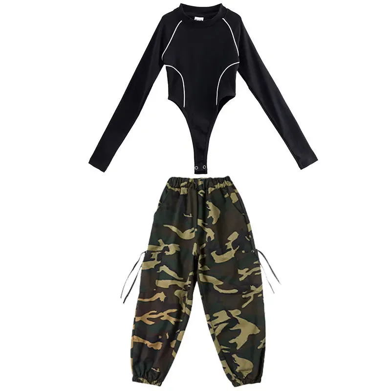 Girls Street Dance Clothing Fashion Black Tops Camouflage Pants Kids Jazz Dance Costume Children Hip Hop Kpop Stage Outfit