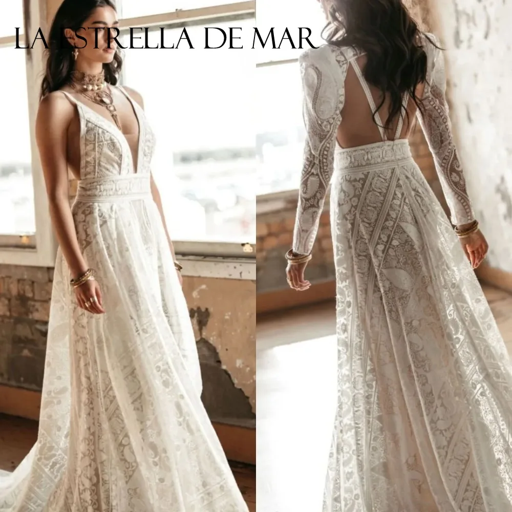 Bohemian Lace Wedding Dress Long Puff Sleeve Deep V Neck Open Back A‑Line Bridal Gown Court Train Vestido De Novia Custom Made