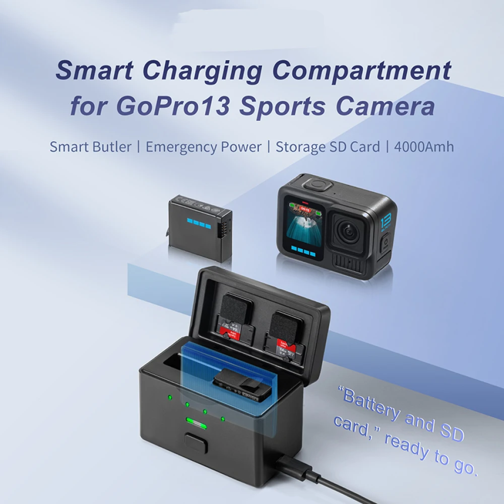 

2in1 Card Storage Battery Manager 4000mAh High Capacity Sports Camera Smart Charger 2cell Charging Case for Hero13 Accessories