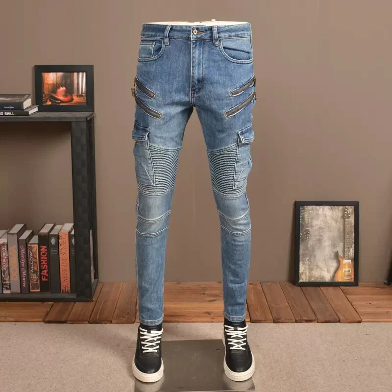 

Y2K fashion new jeans, washed with water, nostalgic stretch, slim fit, zipper decoration, fishing net patch, blue jeans, hi