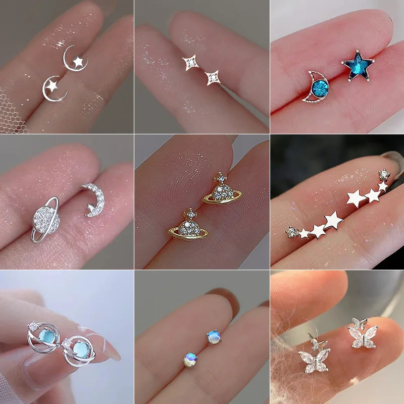 Pendientes de planeta a la moda para mujer, Piercing de Color plateado, luna, estrella, cristal, circonita, oreja, pendientes Tragus, cartílago,