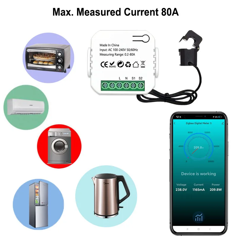 Imagem -02 - Zigbee Digital Medidor de Energia Monitor de Consumo de Energia com 80a Braçadeira Transformador de Corrente Sensor Din Rail Tuya Smart Life App Eletricidade Estatísticas ac 110v 240v 50 60hz