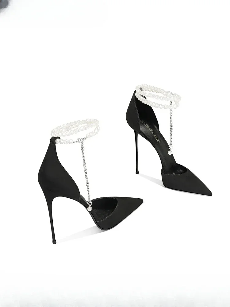 

Summer New Women's High Heels, Pearl Straps, Pointed Thin Heels, Trendy Dress Women's Shoes