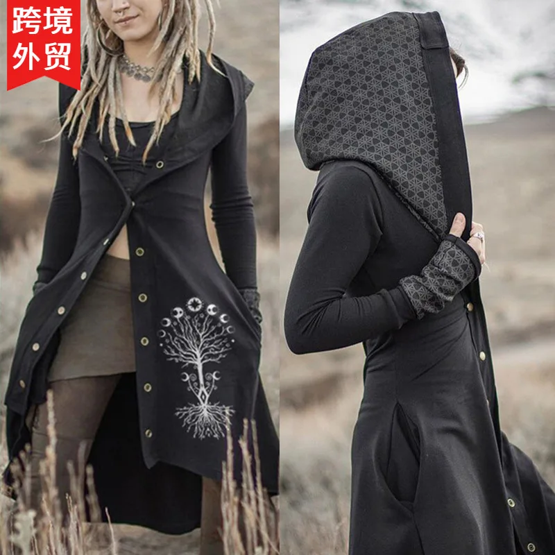 New Women's Medieval Retro Hooded Shawl Jacket Black Printed Long Sleeve Single Breasted Slim Irregular Jacket Leisure Outerwear