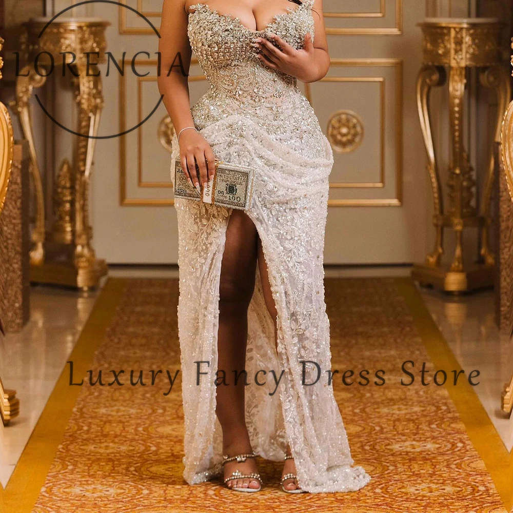 Vestidos de fiesta de joyería de lujo 2025, vestidos de fiesta de boda de sirena con abertura lateral sin tirantes, vestidos de ceremonia sin mangas personalizados