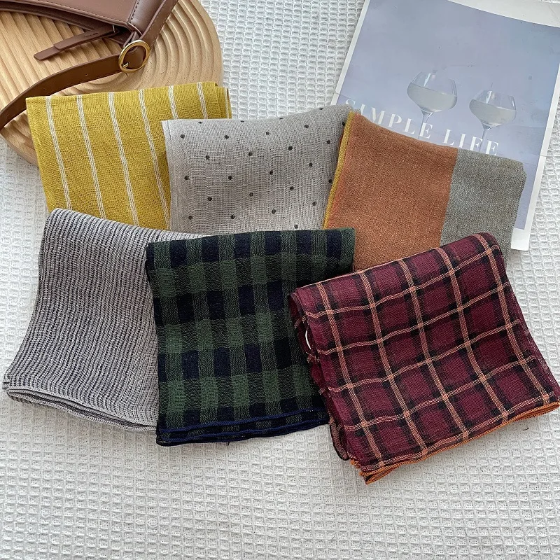 Vintage 100% Linen Square Scarf for Women Multi‑Pattern Plaid Striped Polka‑Dot Bandana Soft Thin Neckerchief Headscarf