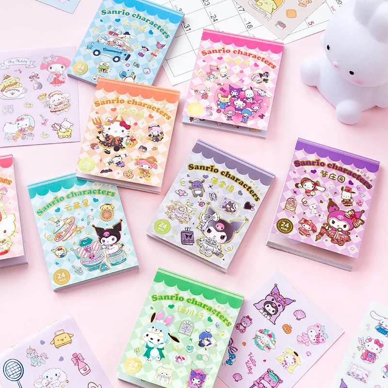 24Sheets Sanrio Stickers Book Hello Kitty Cinnamoroll Kuromi Kids Mini Sticker Decorative Hand Account Laptop Stationery Decals