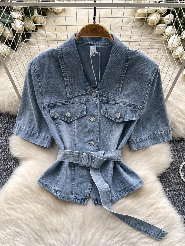 High Street Vintage Denimเสื้อเข็มขัดSlim Top 2025 ฤดูร้อนเสื้อโปโลแขนสั้นElegant OLคาวบอยสั้นเสื้อผู้หญิง