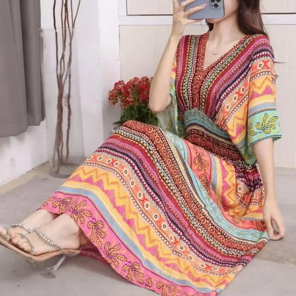 2024 Summer New Casual Elegant Retro Bohemian Style V-neck Elastic Waist Large Swing Printed Long Skirt Autumn Summer Dress