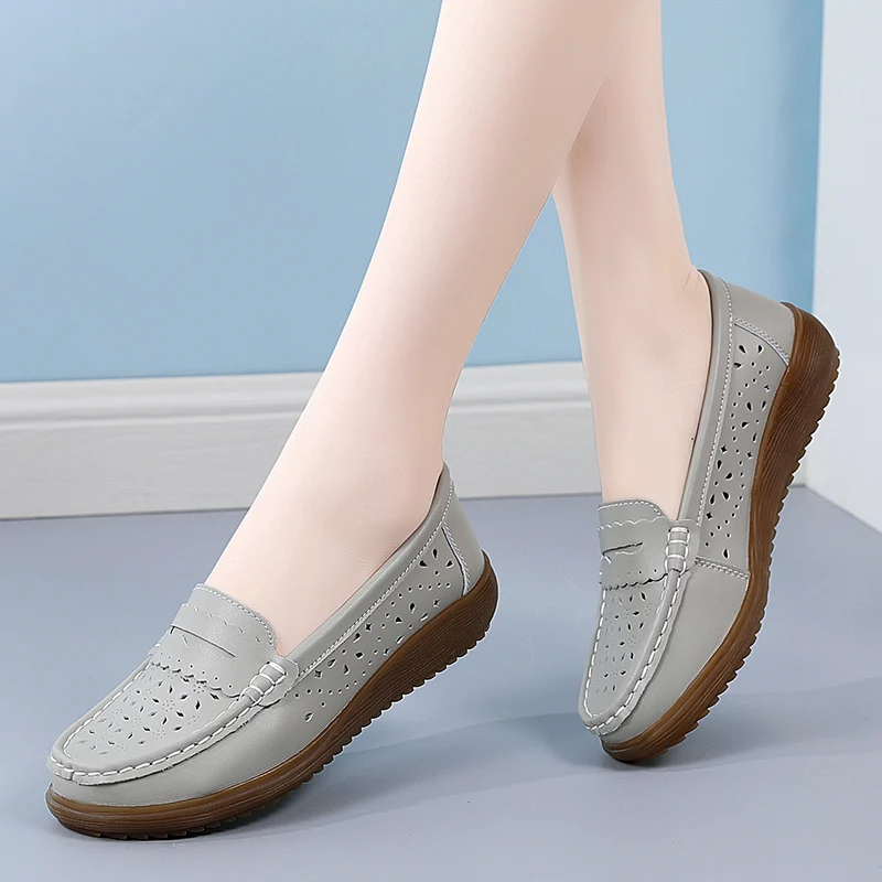 Trendy Hand Sewing Leather Women Casual Shoes Summer Hollow Breathable Loafers Shoes For Women Slip On Ladies Moccasins Shoes