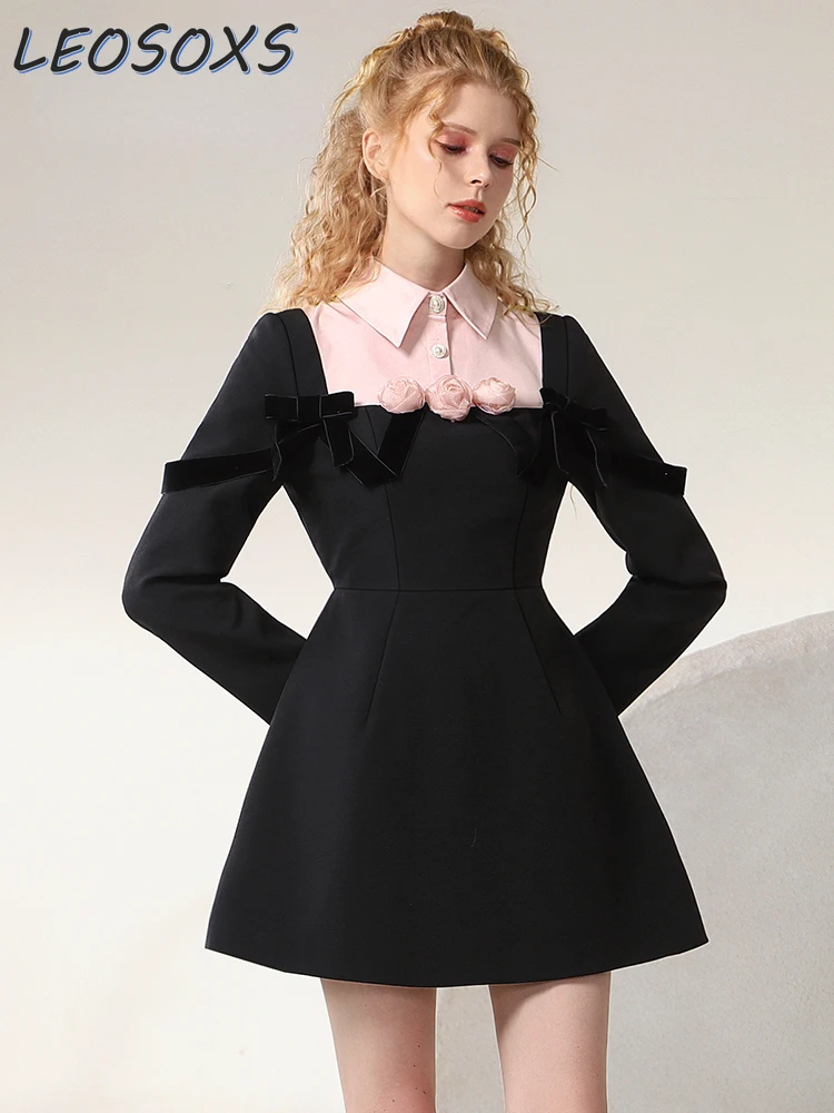 

Winter Three-Dimensional Rose Temperament Pink Black Contrast Colors Slimming Short Evening Dress Sweet Fake Two Pieces Dresses