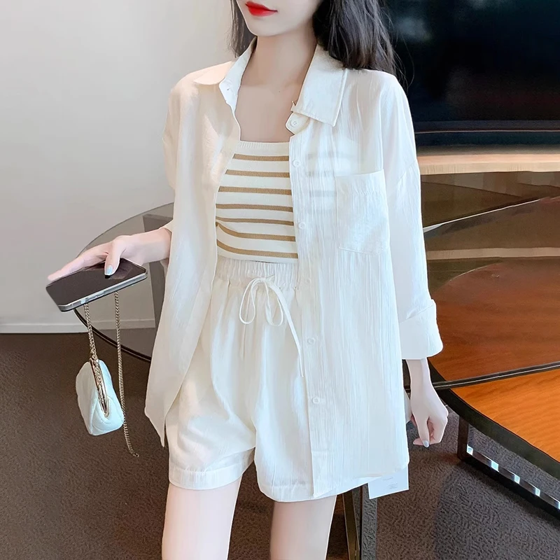 

Fashionable Summer Outfit 2025 New Small Size Sun Protection Shirt Vest Shorts Three Piece Set Polyester Fiber Short Sleeve r...