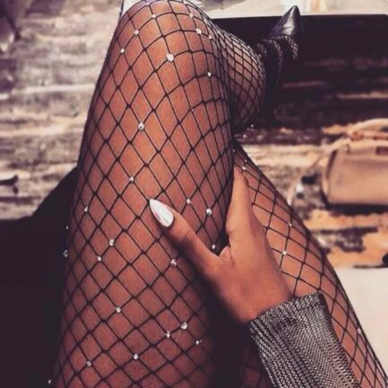 Women Sexy Long Stockings Tights Rhinestone Mesh Fishnet Pantyhose Plus Size Bling Female Tights Hosiery Meias Collant Femme