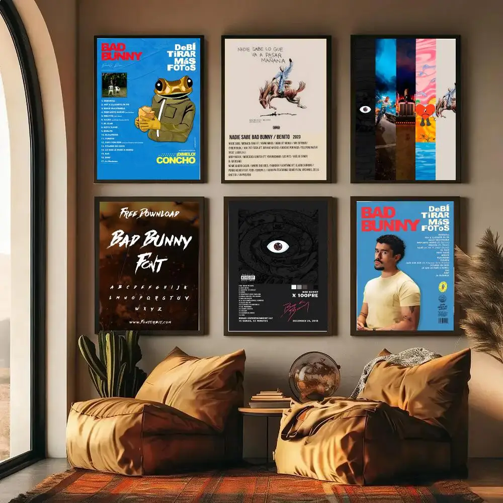 Latin Pop Urban Music Rapper Bad Bunny Poster Self-adhesive Art Waterproof Paper Sticker Coffee House Wall Decor